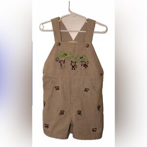 Striped Overalls with Monkey and Palm Tree Embroidery